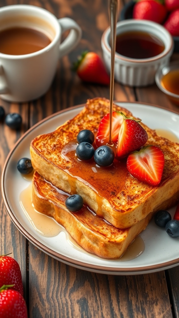 Quick 90-Second French Toast Recipe Quick French toast served with syrup and fresh berries on a rustic table.